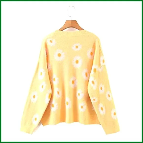 Long Sleeve V Neck Cardigan Sweater Y2K Patterned Knit Button Front Loose Fit